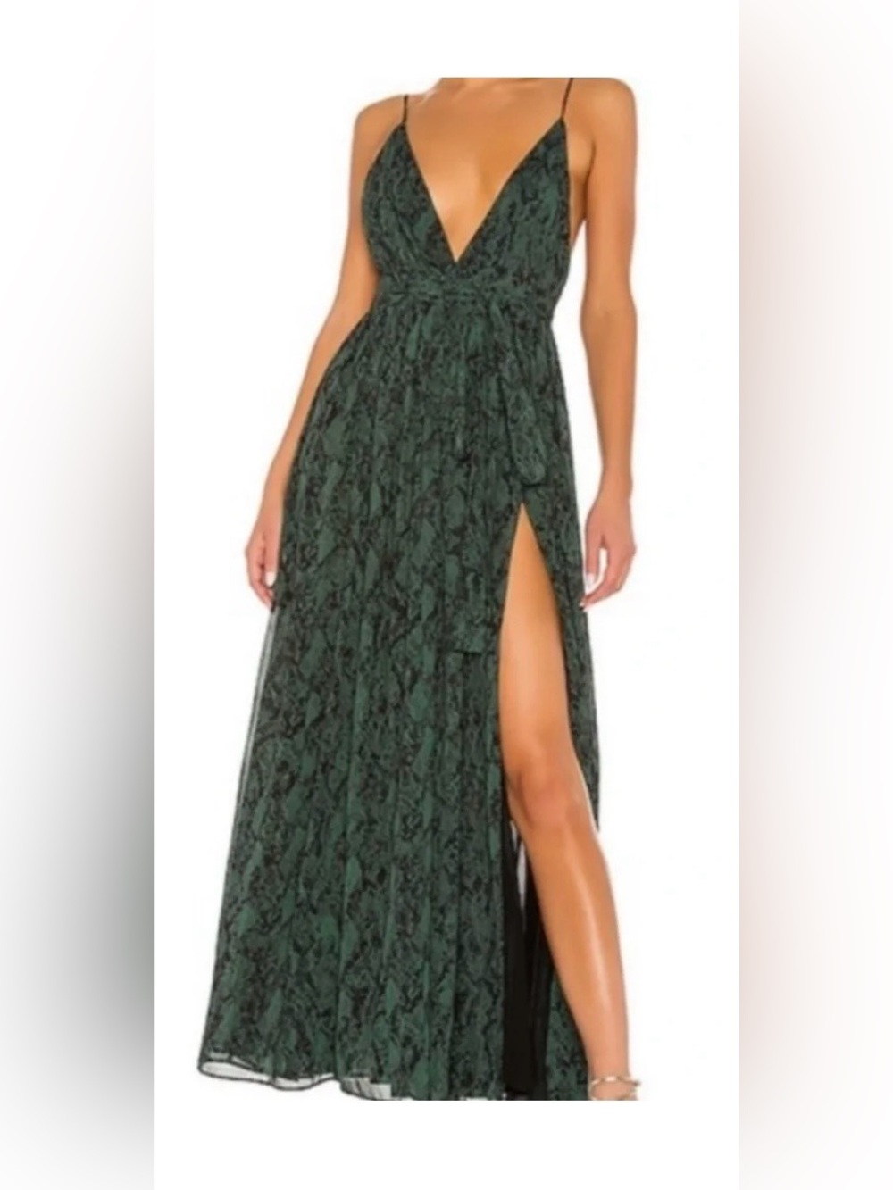 Michael Costello x Revolve Gillian Green Snakeskin Maxi Dress with Thigh Slit